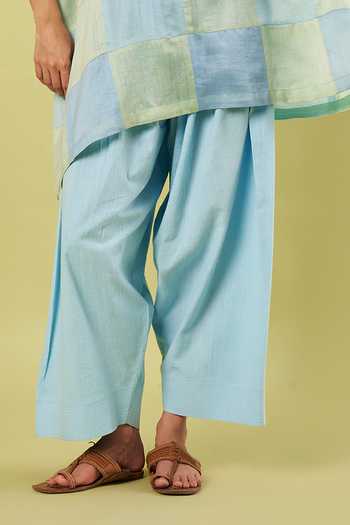 Buy_Vinusto_Blue Chanderi, Cotton Collared Neck Patchwork Kaftan And Farshi Salwar Set _Online_at_Aza_Fashions