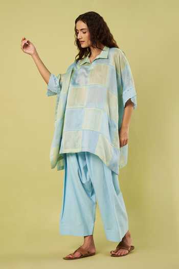 Shop_Vinusto_Blue Chanderi, Cotton Collared Neck Patchwork Kaftan And Farshi Salwar Set _Online_at_Aza_Fashions