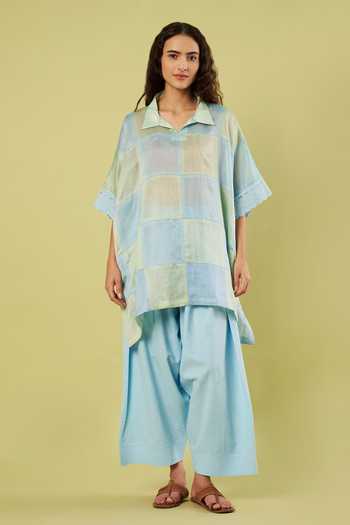 Vinusto_Blue Chanderi, Cotton Collared Neck Patchwork Kaftan And Farshi Salwar Set _at_Aza_Fashions