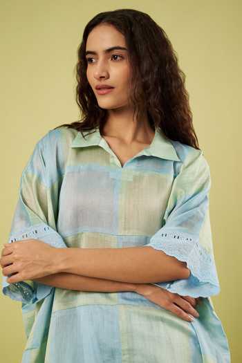Buy_Vinusto_Blue Chanderi, Cotton Collared Neck Patchwork Kaftan And Farshi Salwar Set 