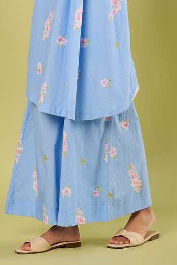 Buy_Vinusto_Blue Cotton Round Neck, Yes Printed Kurta And Palazzo Set _Online_at_Aza_Fashions
