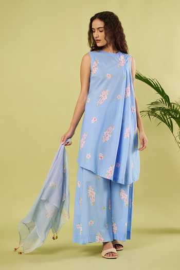 Shop_Vinusto_Blue Cotton Round Neck, Yes Printed Kurta And Palazzo Set _Online_at_Aza_Fashions