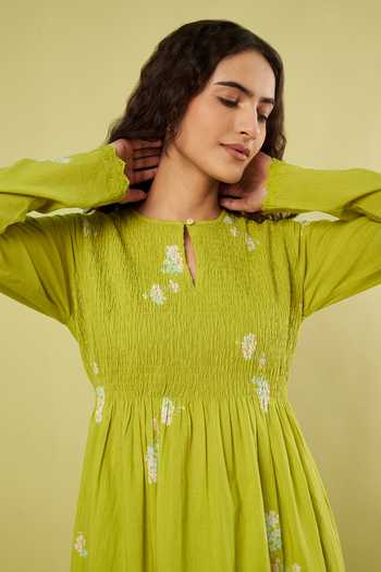 Shop Vinusto Green Cotton Round Neck Printed Kurta Set Shop_Vinusto_Green Cotton Round Neck Printed Kurta Set
