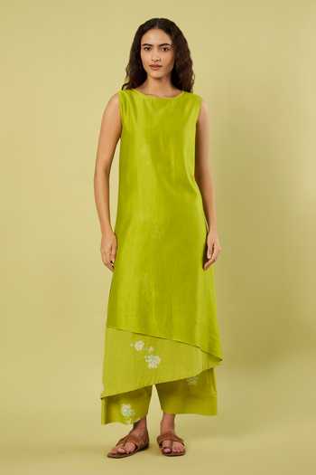 Vinusto_Green Cotton Round Neck Placement Printed Kurta And Farshi Salwar Set _Online_at_Aza_Fashions