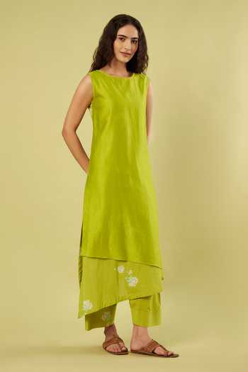 Buy_Vinusto_Green Cotton Round Neck Placement Printed Kurta And Farshi Salwar Set _Online_at_Aza_Fashions
