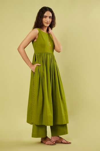 Buy_Vinusto_Olive Green Cotton Round Neck Embroidered Anarkali With Pant _Online_at_Aza_Fashions