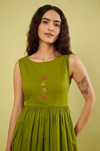 Shop_Vinusto_Olive Green Cotton Round Neck Embroidered Anarkali With Pant _Online_at_Aza_Fashions