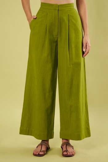 Vinusto_Olive Green Cotton Round Neck Embroidered Anarkali With Pant _at_Aza_Fashions