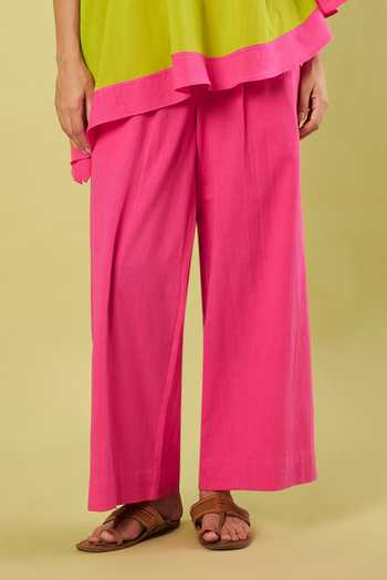 Vinusto_Green Handloom Cotton Round Neck Asymmetric Top And Pant Set _Online_at_Aza_Fashions