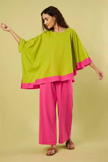 Buy_Vinusto_Green Handloom Cotton Round Neck Asymmetric Top And Pant Set _Online_at_Aza_Fashions
