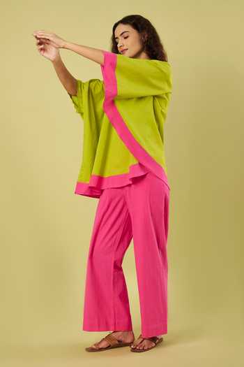 Shop_Vinusto_Green Handloom Cotton Round Neck Asymmetric Top And Pant Set _Online_at_Aza_Fashions