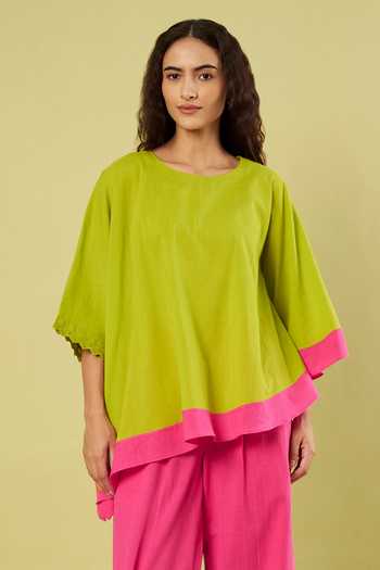 Vinusto_Green Handloom Cotton Round Neck Asymmetric Top And Pant Set _at_Aza_Fashions