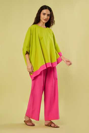 Buy_Vinusto_Green Handloom Cotton Round Neck Asymmetric Top And Pant Set 