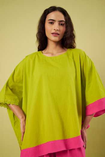 Shop_Vinusto_Green Handloom Cotton Round Neck Asymmetric Top And Pant Set 