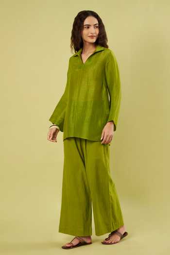 Vinusto Olive Green Linen, Handloom Cotton Collared Neck Top And Pant Set Online at Aza Fashions Vinusto_Olive Green Linen, Handloom Cotton Collared Neck Top And Pant Set _Online_at_Aza_Fashions