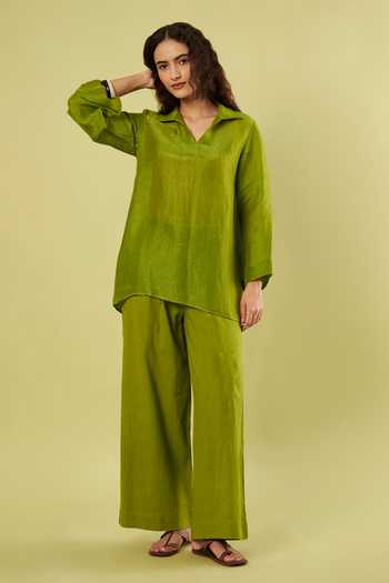 Buy Vinusto Olive Green Linen, Handloom Cotton Collared Neck Top And Pant Set Online at Aza Fashions Buy_Vinusto_Olive Green Linen, Handloom Cotton Collared Neck Top And Pant Set _Online_at_Aza_Fashions
