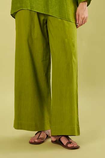 Shop Vinusto Olive Green Linen, Handloom Cotton Collared Neck Top And Pant Set Online at Aza Fashions Shop_Vinusto_Olive Green Linen, Handloom Cotton Collared Neck Top And Pant Set _Online_at_Aza_Fashions