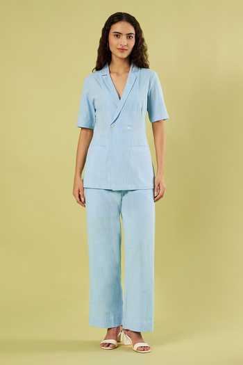Vinusto_Blue Handloom Cotton Notch Collar Shirt And Pant Set _Online_at_Aza_Fashions