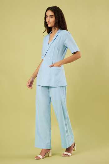 Shop_Vinusto_Blue Handloom Cotton Notch Collar Shirt And Pant Set _Online_at_Aza_Fashions