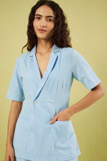 Vinusto_Blue Handloom Cotton Notch Collar Shirt And Pant Set _at_Aza_Fashions