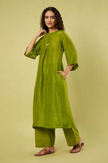 Vinusto_Olive Green Linen, Handloom Cotton Round Neck A-line Kurta And Salwar Set _Online_at_Aza_Fashions