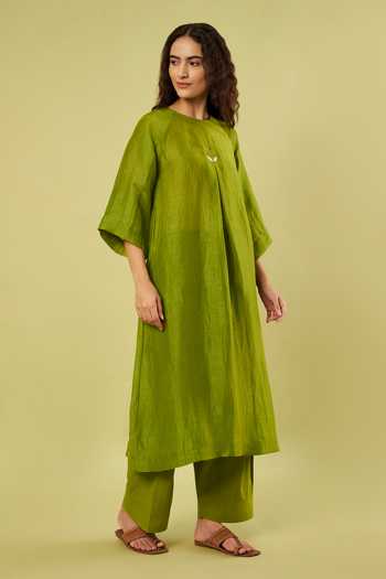 Buy_Vinusto_Olive Green Linen, Handloom Cotton Round Neck A-line Kurta And Salwar Set _Online_at_Aza_Fashions