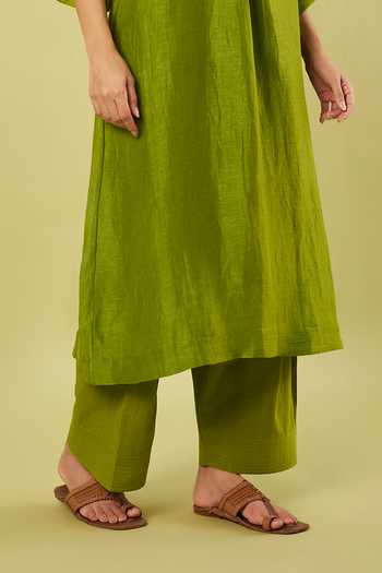 Shop_Vinusto_Olive Green Linen, Handloom Cotton Round Neck A-line Kurta And Salwar Set _Online_at_Aza_Fashions