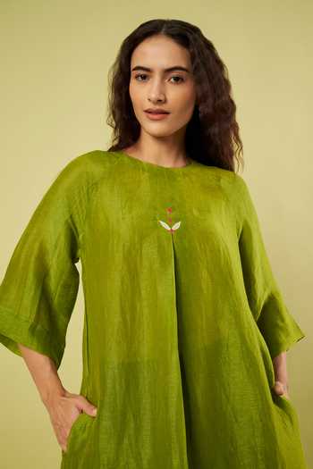 Vinusto_Olive Green Linen, Handloom Cotton Round Neck A-line Kurta And Salwar Set _at_Aza_Fashions