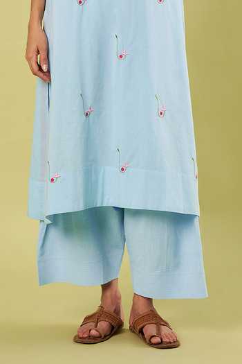 Vinusto Blue Cotton, Chiffon Notched Neck Embroidered Kurta Set Online at Aza Fashions Vinusto_Blue Cotton, Chiffon Notched Neck Embroidered Kurta Set _Online_at_Aza_Fashions