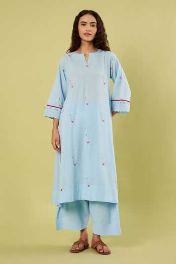 Buy Vinusto Blue Cotton, Chiffon Notched Neck Embroidered Kurta Set Online at Aza Fashions Buy_Vinusto_Blue Cotton, Chiffon Notched Neck Embroidered Kurta Set _Online_at_Aza_Fashions