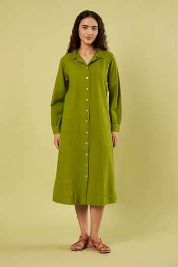 Vinusto_Olive Green Handloom Cotton Collared Neck Dress _Online_at_Aza_Fashions