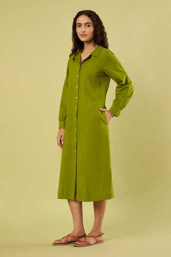 Buy_Vinusto_Olive Green Handloom Cotton Collared Neck Dress _Online_at_Aza_Fashions