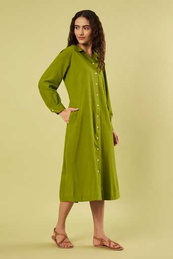 Shop_Vinusto_Olive Green Handloom Cotton Collared Neck Dress _Online_at_Aza_Fashions