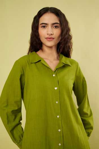 Vinusto_Olive Green Handloom Cotton Collared Neck Dress _at_Aza_Fashions
