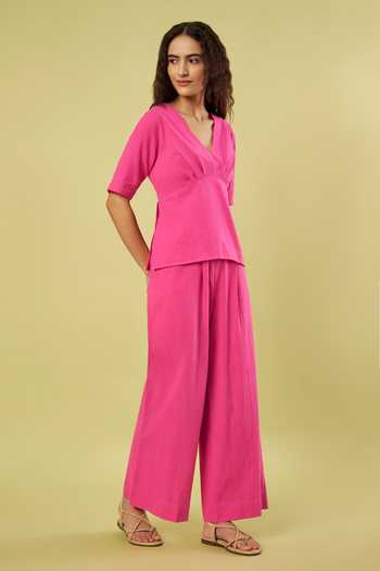 Vinusto_Pink Handloom Cotton V-neck V Top And Pant Set _Online_at_Aza_Fashions