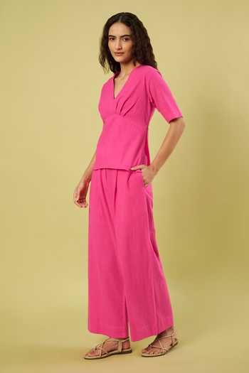 Buy_Vinusto_Pink Handloom Cotton V-neck V Top And Pant Set _Online_at_Aza_Fashions