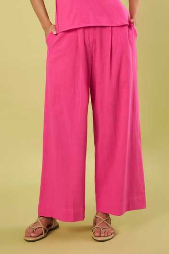 Shop_Vinusto_Pink Handloom Cotton V-neck V Top And Pant Set _Online_at_Aza_Fashions