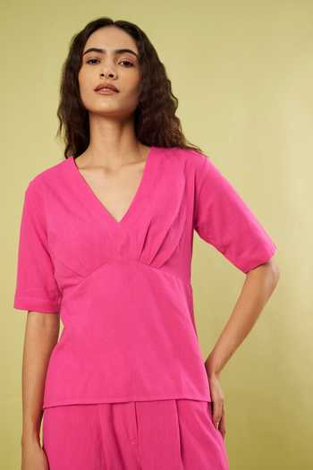 Vinusto_Pink Handloom Cotton V-neck V Top And Pant Set _at_Aza_Fashions