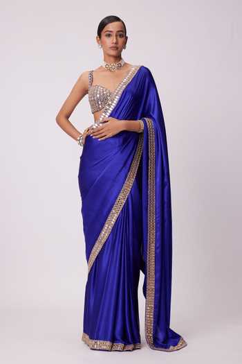 Vvani by vani vats Sheesh Gullista Border Embroidered Satin Saree With Blouse 