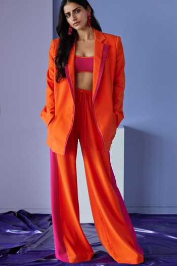 Buy Antithesis India Orange Crepe Round Neck Alba Color Block Pantsuit Set at Aza Fashions Buy_Antithesis India_Orange Crepe Round Neck Alba Color Block Pantsuit Set _at_Aza_Fashions