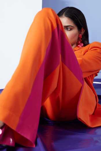 Shop Antithesis India Orange Crepe Round Neck Alba Color Block Pantsuit Set at Aza Fashions Shop_Antithesis India_Orange Crepe Round Neck Alba Color Block Pantsuit Set _at_Aza_Fashions