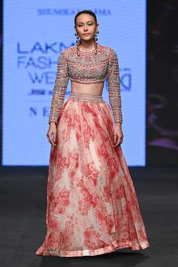 Buy Bhumika Sharma Pink Organza, Georgette Embroidery Round Neck Blossom Print Skirt And Blouse Set at Aza Fashions Buy_Bhumika Sharma_Pink Organza, Georgette Embroidery Round Neck Blossom Print Skirt And Blouse Set _at_Aza_Fashions