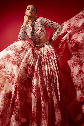 Bhumika Sharma Pink Organza, Georgette Embroidery Round Neck Blossom Print Skirt And Blouse Set Online at Aza Fashions Bhumika Sharma_Pink Organza, Georgette Embroidery Round Neck Blossom Print Skirt And Blouse Set _Online_at_Aza_Fashions