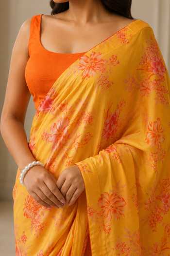 Buy Jhambthreads Yellow Silk, Modal, Dupion Floral Pattern Saree With Unstitched Blouse Fabric Online at Aza Fashions Buy_Jhambthreads_Yellow Silk, Modal, Dupion Floral Pattern Saree With Unstitched Blouse Fabric _Online_at_Aza_Fashions