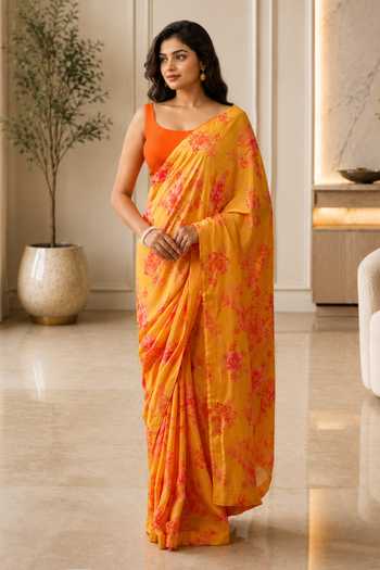Jhambthreads Floral Pattern Saree With Unstitched Blouse Fabric 