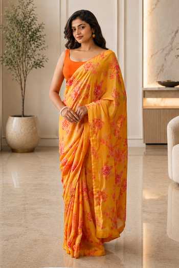 Shop Jhambthreads Yellow Silk, Modal, Dupion Floral Pattern Saree With Unstitched Blouse Fabric Online at Aza Fashions Shop_Jhambthreads_Yellow Silk, Modal, Dupion Floral Pattern Saree With Unstitched Blouse Fabric _Online_at_Aza_Fashions