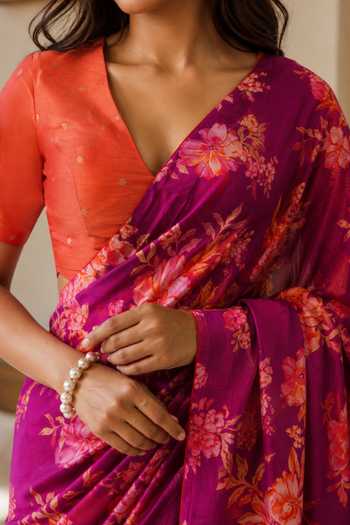 Jhambthreads Pink Silk, Modal, Dupion Floral Pattern Saree With Unstitched Blouse Fabric Online at Aza Fashions Jhambthreads_Pink Silk, Modal, Dupion Floral Pattern Saree With Unstitched Blouse Fabric _Online_at_Aza_Fashions