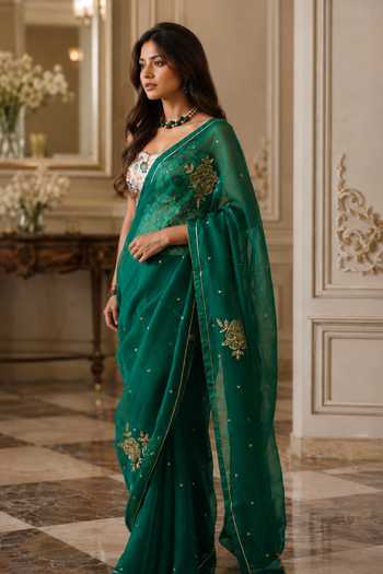 Shop_Jhambthreads_Emerald Green Silk Organza, Chanderi, Saree With Unstitched Blouse Fabric _Online_at_Aza_Fashions