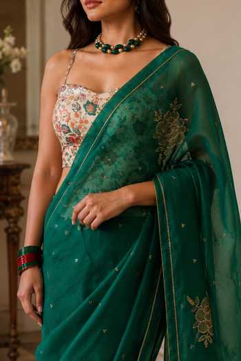 Jhambthreads_Emerald Green Silk Organza, Chanderi, Saree With Unstitched Blouse Fabric _at_Aza_Fashions