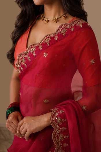 Jhambthreads Red Silk Organza, Chanderi, Jacquard Saree With Unstitched Blouse Fabric Online at Aza Fashions Jhambthreads_Red Silk Organza, Chanderi, Jacquard Saree With Unstitched Blouse Fabric _Online_at_Aza_Fashions
